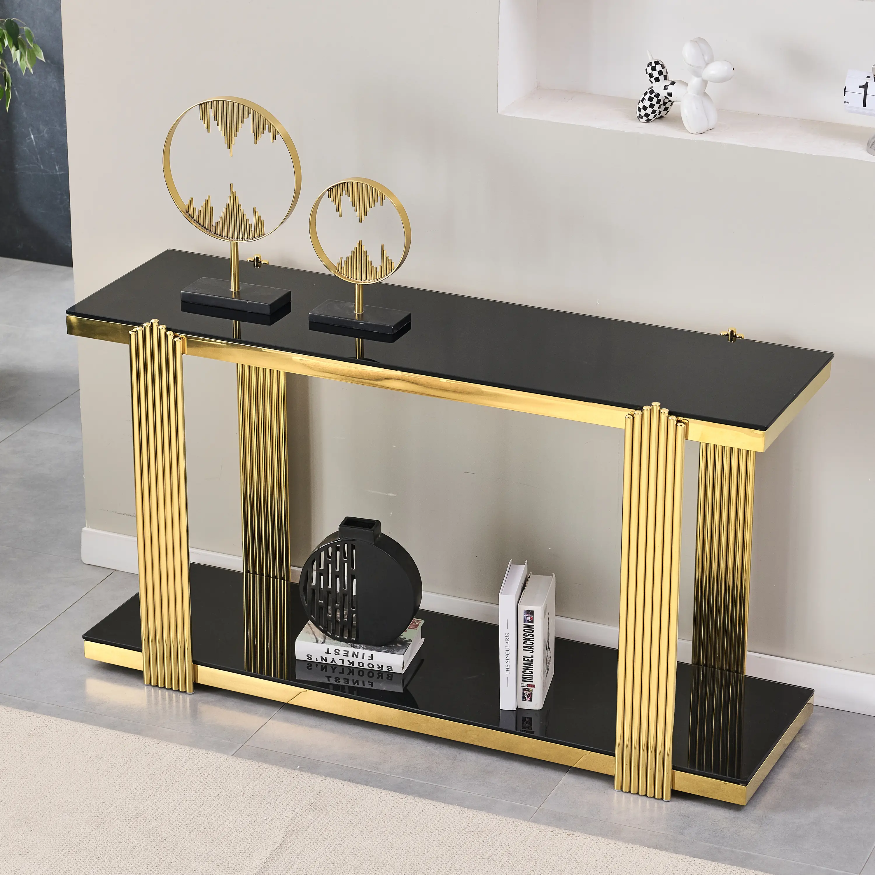 55-inch Glam Mirrored Console Table - Gold & Black Modern Accent Entryway Table with Dual-Shelf Storage, Reflective Surface, Luxury Decor & Practical Organizer for Foyer, Hallway, Glamorous Gold Finish Living Room Furniture