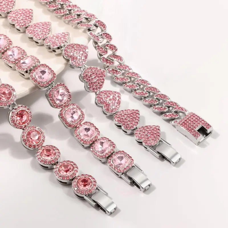Cuban Pink Diamond Bracelet with Pink Stones and Silver-Tone Buckle