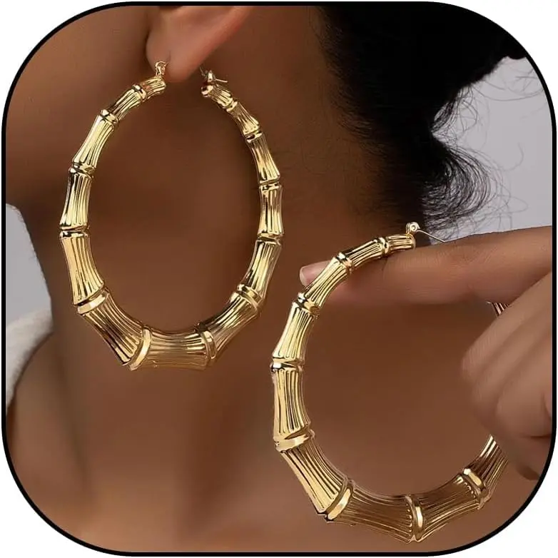 Women's Large Gold Bamboo Hoop Earrings, 1 Pair Trendy Hip Hop African Costume Jewelry, Casual Daily Accessories for Black History Month 90s Outfits, Graduation & Birthday Gifts
