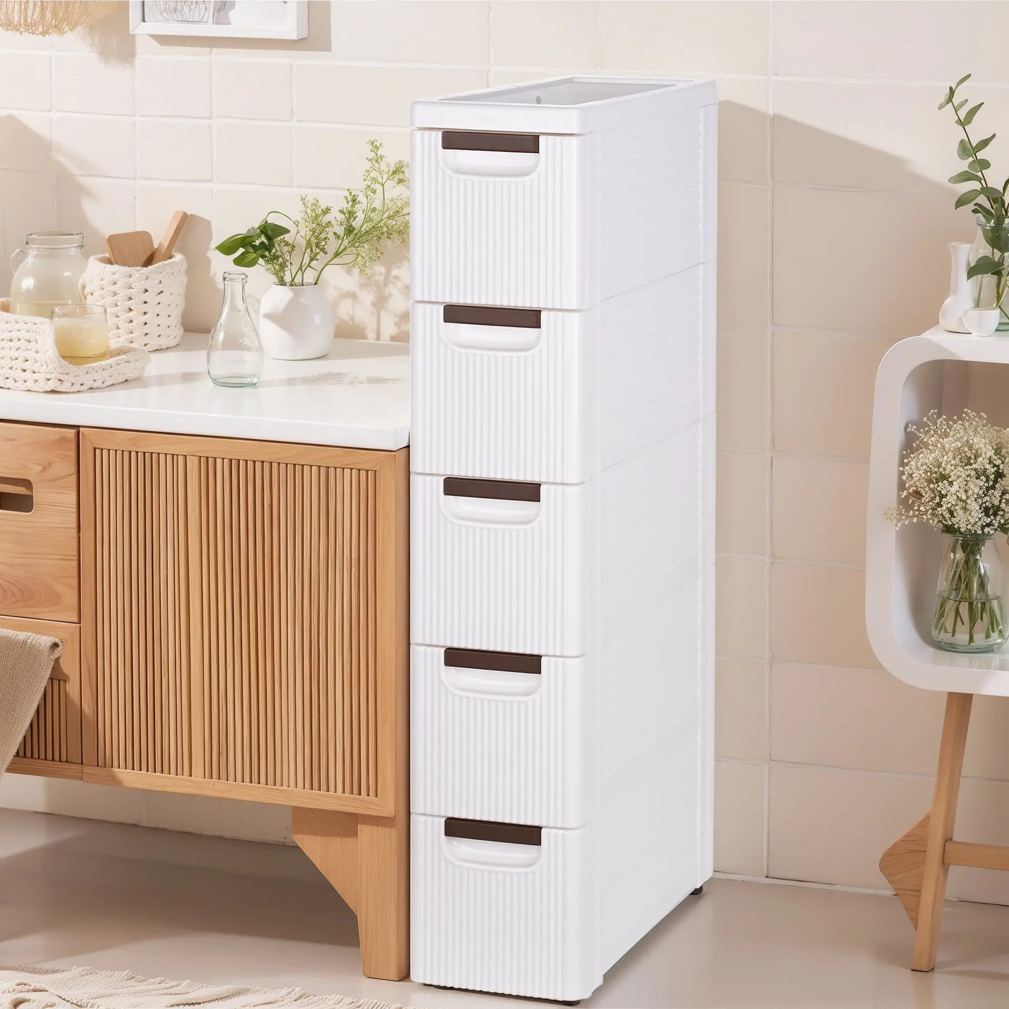 VECELO 3/4/5 Drawers Slim Bathroom Storage Cabinet Dresser, Narrow Plastic Rolling Cart Organizer with Drawers, for Small Spaces, Kitchen, Laundry, Office, Bedroom