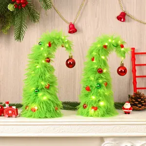 Bendable Green Christmas Tree with Mini Ladder, Green Furry Christmas Decorations Mini Fuzzy Elf Xmas Tree, Small Tabletop Xmas Tree for Unique Holiday Decor Space Saving Design,Reusable Desktop Ornament for Home Office Festivities Accessory Gift