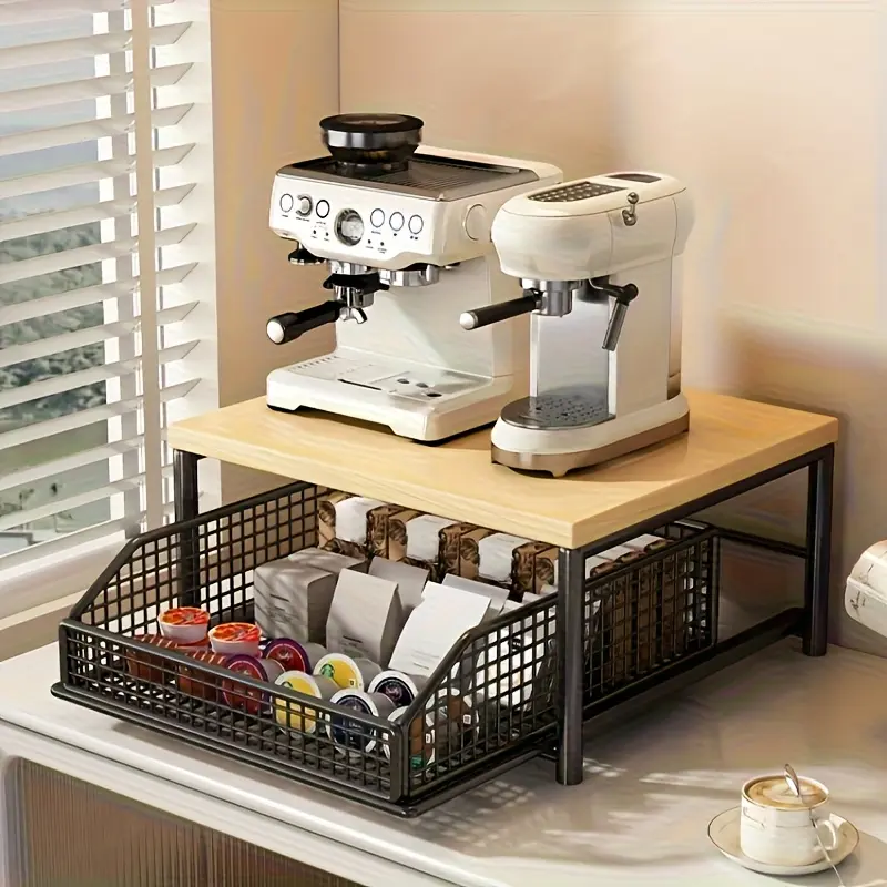 Space-Saving Kitchen Countertop Storage Rack with Drawers and Wire Baskets, Durable Hardwood and Metal Dual Layer Organizer