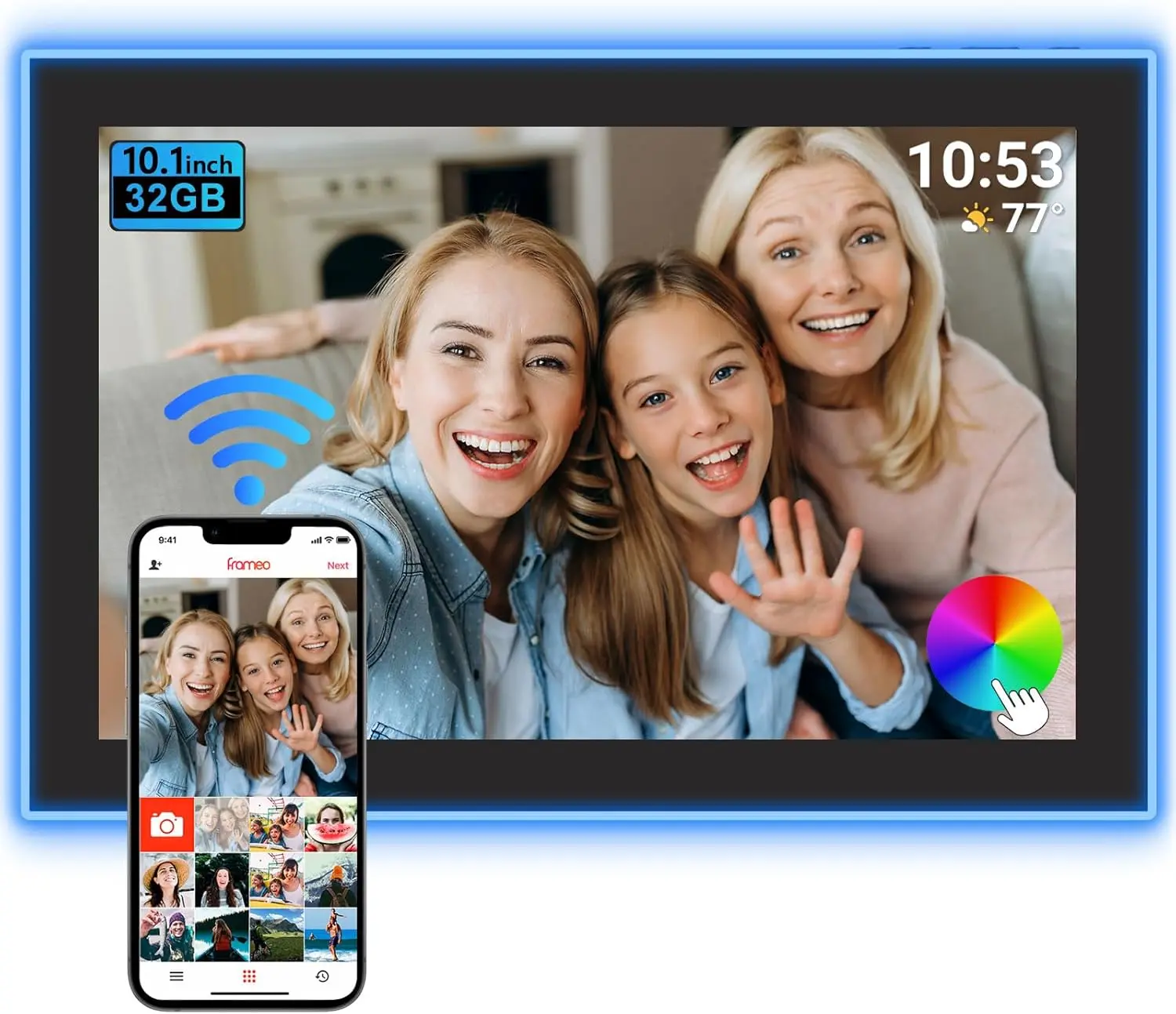 FRAMEO 10.1 Inch Neon Light WiFi Digital Photo Frame, HD IPS LCD Touch Screen, Auto-Rotate, 32GB Storage, Support USB Drive/SD Card Extend Storage, #SummerWins, #DealsForYouDays summerwins