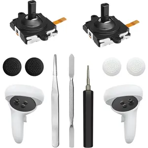 Joystick Replacement Kit for Oculus Quest 2 Controller, Repair Kit for Meta Quest 2 Controller, Include 2 Joysticks, T5 Screwdriver, Tweezer, Pry Tool, 4 Thumbstick Grips (Black-11-in one)