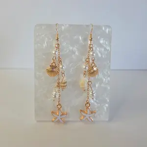 #275 White Starfish Tassel with Sea Shells & White Faux Pearl Dangle Earrings, Casual, Beach, Tropical, Summer, Jewelry