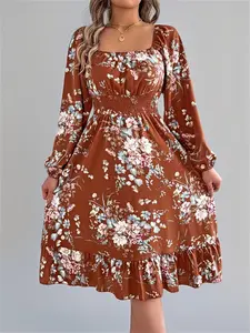 Women's Floral Print Bishop Sleeve Ruffled Dress, Bohemian Fashion Fitted Casual Long Sleeve Dress for Daily Holiday Vacation Wear, Spring Dresses, Women Dress for Spring Fall, Lady