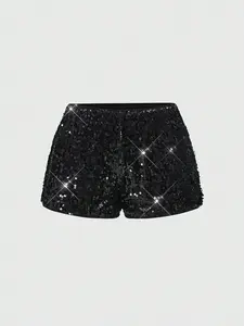 Women's Sequined Glitter Low Waist Slim Fit Shorts, Party Nightclub Style Evening Shorts, Fashionable Fish Scale Pattern, Perfect for Events