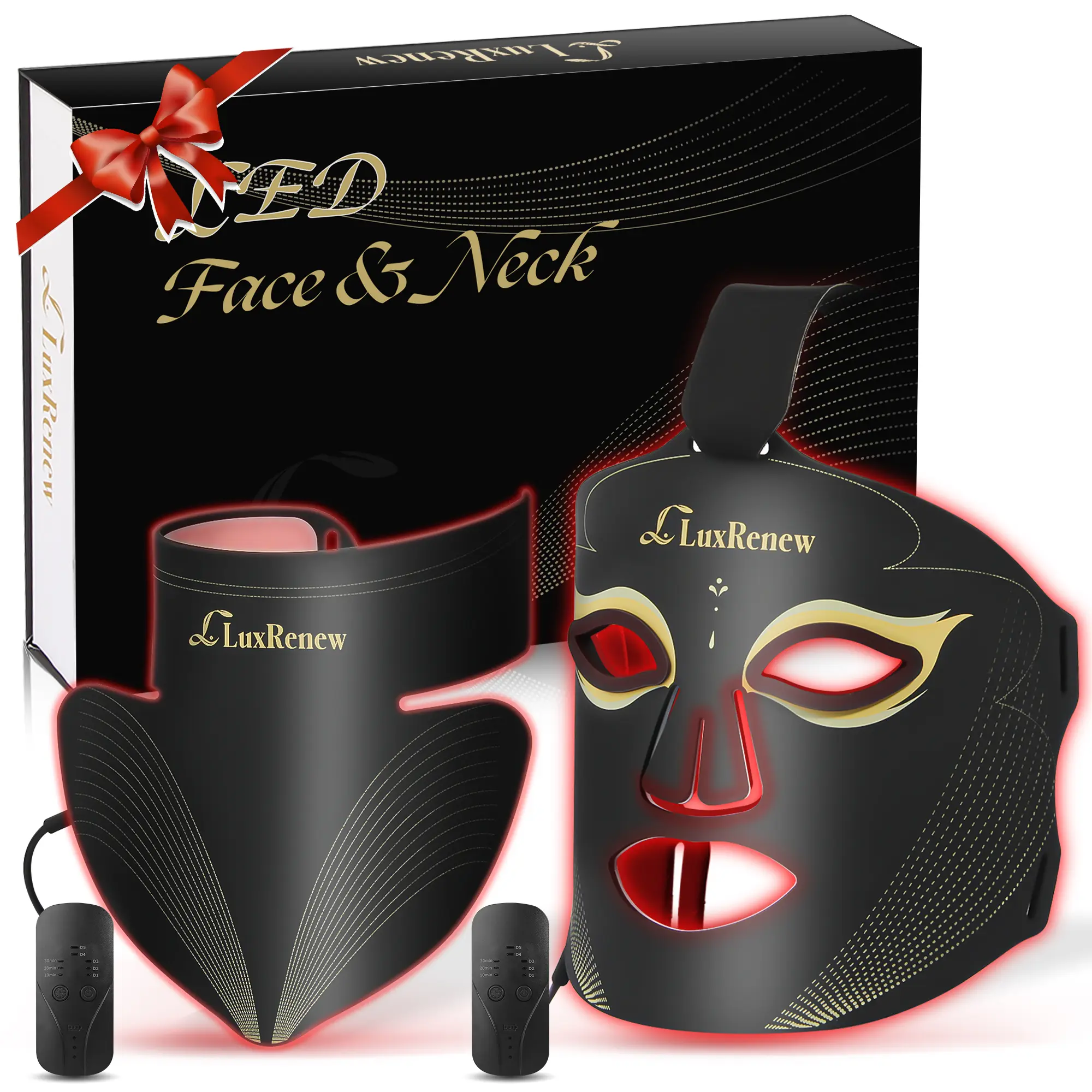 LuxRenew 2 IN 1 PJ Red Light Mask Set,Near-infrared Light 850nm and Red Light 630nm,5 Gears Adjustment,Led Mask Light Therapy for Face & Neck,Portable and Rechargeable at Home and Travel