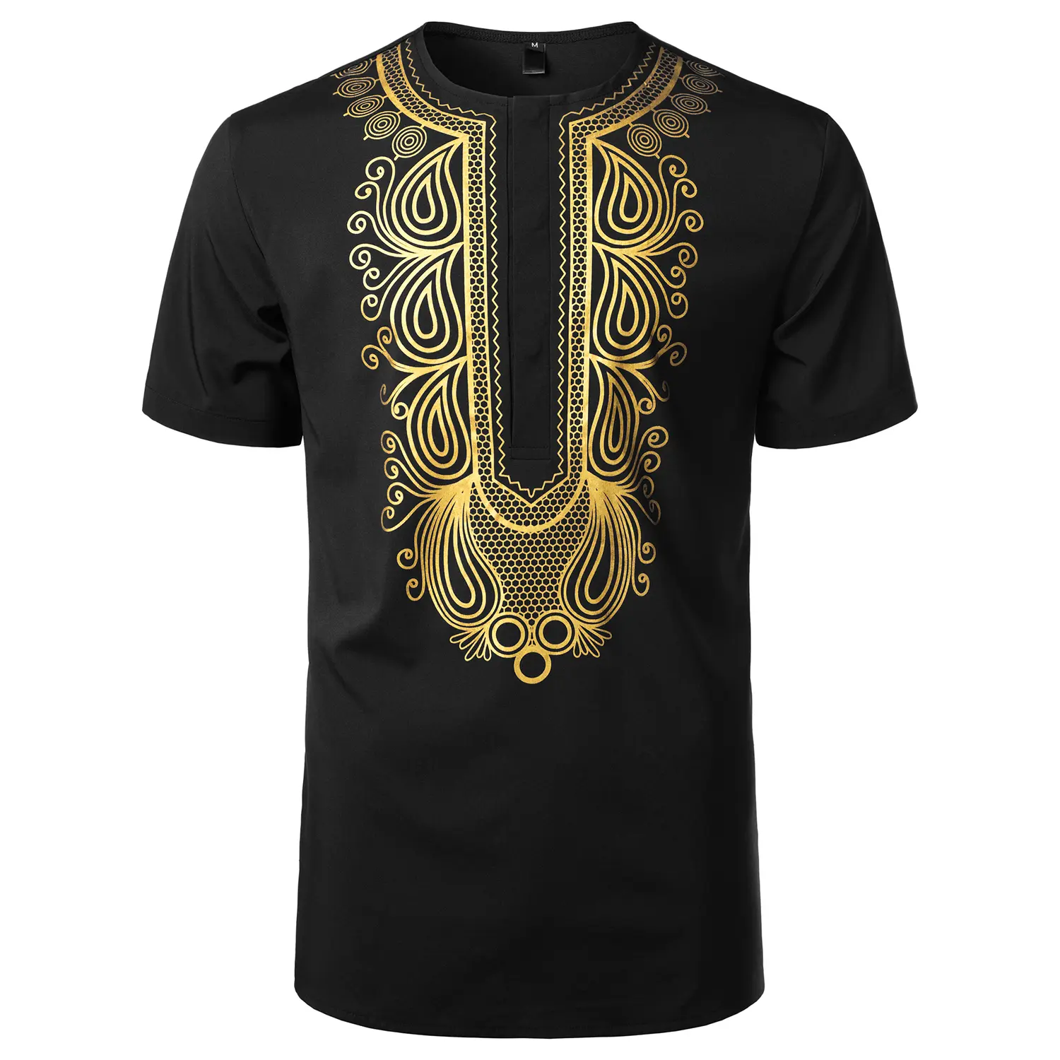 ZEROYAA Men's Retro Fashion African Metallic Graphic Print Slim Fit Round Neck Short Sleeve T-Shirt for Casual Summer Festivals, African Style Men's Dress Shirts, Metallic Gold, Short Sleeves Keep Cool, Denim‑Short Match