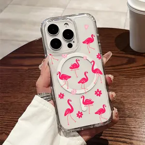 Phone Case - A Stylish And Durable Hard Case Featuring Pink Flamingos And a Floral Design, Equipped with a Magnetic Ring That Allows for Wireless Charging,for iPhone 17 E Air Pro ProMax iPhone16 15 14 Plus 13 12 11 X XS XR