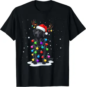 100% Cotton Black Lab Labrador Dog Funny Christmas Lights Reindeer Xmas T-Shirt