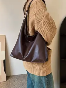 Valentine's Day Gift Large-Capacity Shoulder Bag, New Fall-Winter High-End Fashion Commuter Handbag, Simple Vintage Style Solid Color PU Tote Bag