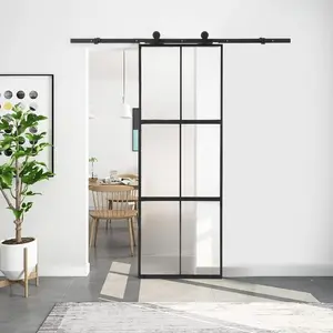 GARVEE Glass Barn Door 36in x 84in, Top Mounted Black Carbon Steel Tempered Frosted Glass Sliding Door, Hardware Kit Include Soft Close Mechanism, Easy Assemble