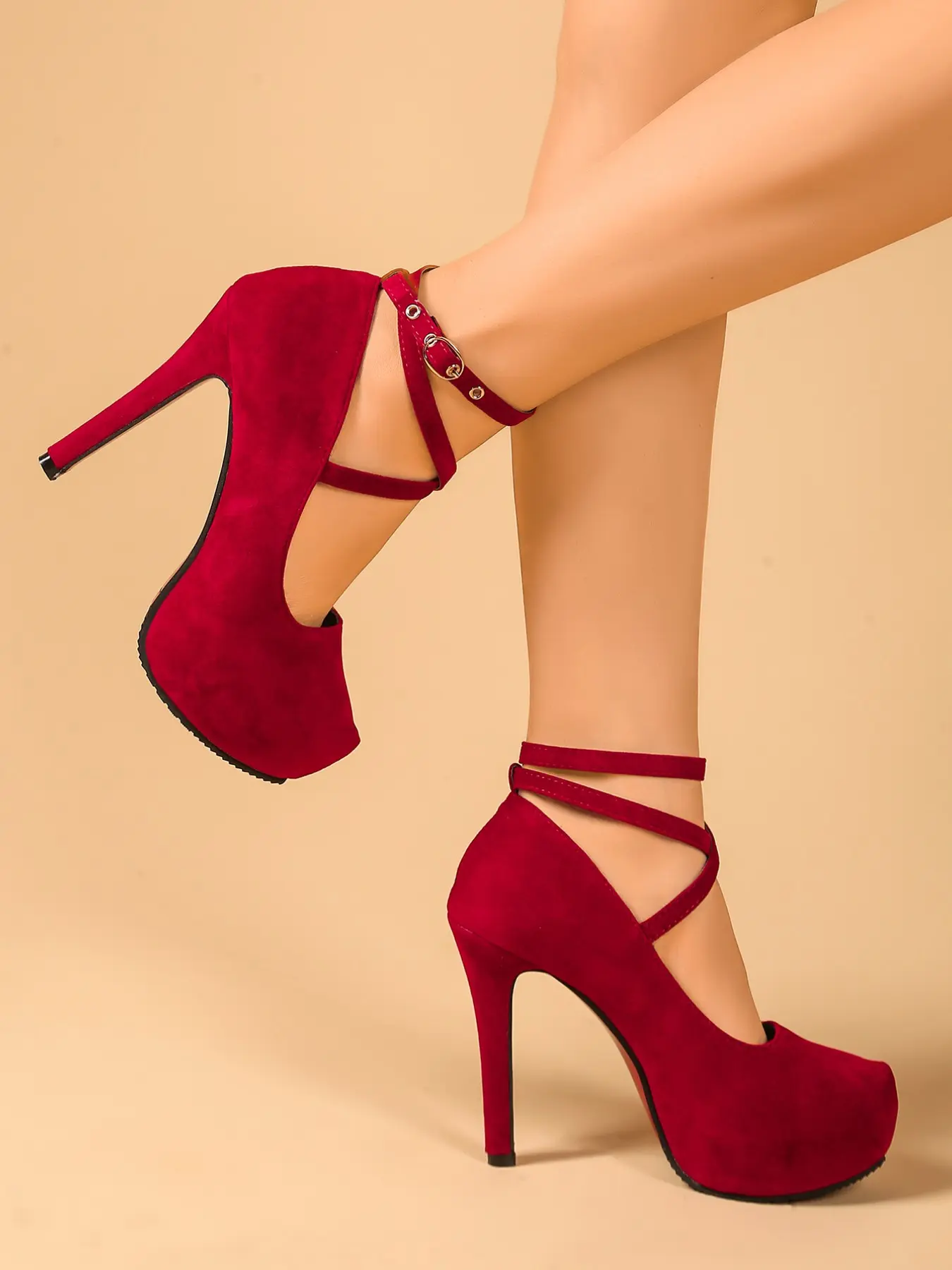 Women's Wine Velvet Waterproof High Heel Stiletto Heel Shoes, Cross Strap Round Toe Slim Design, Elegant Classy Retro Style Single Shoe, Elegant Stilettos, Stylish Wedding Day Footwear, Heeled Shoes, Shoes Heels