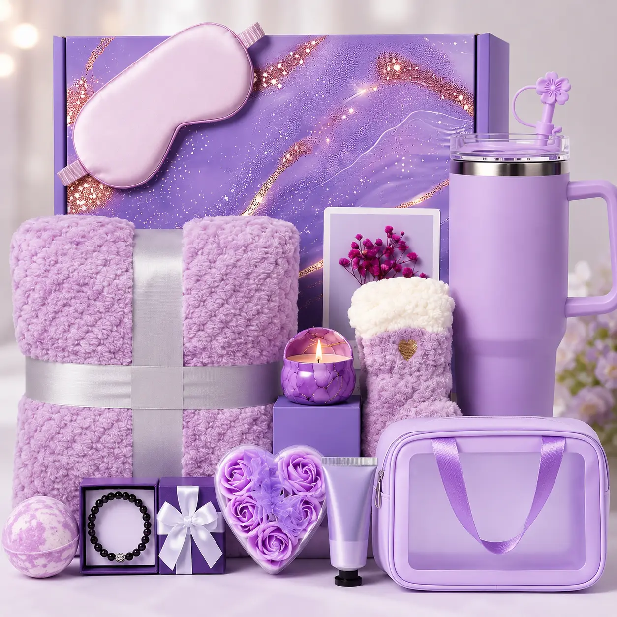 11PCS Spa Gift Basket for Women with Blanket, Tumbler & Self Care Gift Set for Mom, Wife, Friend Box Lavender