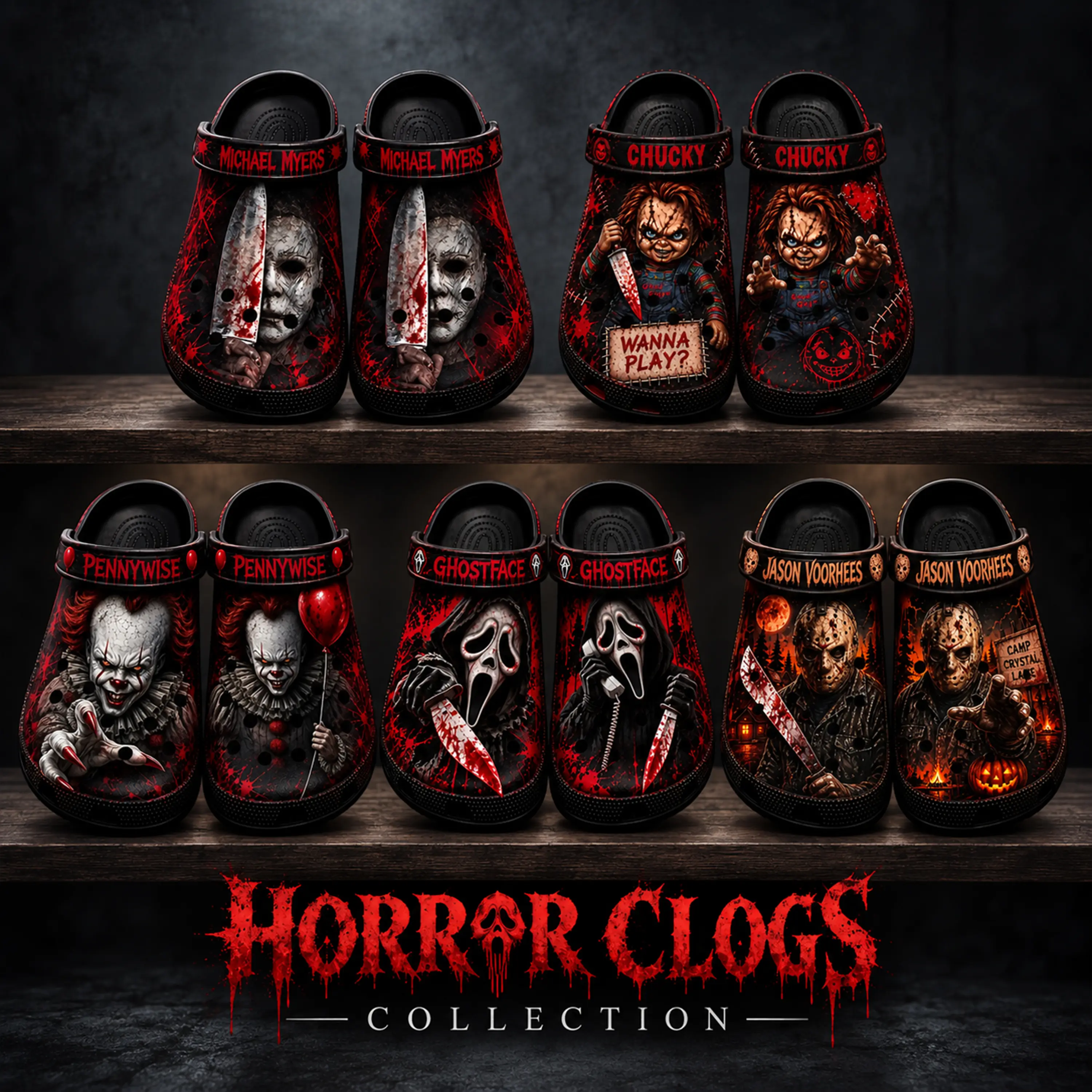 Halloween Horror Clogs, Spooky Slasher Graphic Slip-On Shoes, Lightweight Unisex Garden Sandals, Creepy Casual Clogs for Men & Women, Halloween Gift