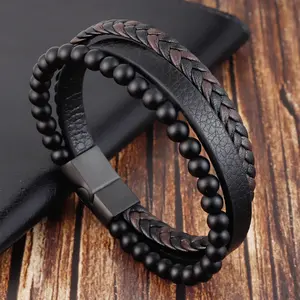 Natural Crystal Gemstone Black Onyx Beaded Vegan Leather Men's 3 Strand Fashion Bracelet, 8 Inches Wrap Bracelet, Healing Protection Strength Bracelet