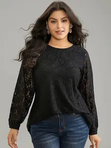 【Summer Turn-Up】【Minimalist】BlOOMCHIC Plus Size Solid Crochet Lace Mesh Crew Neck Blouse - Black Long Sleeve Regular Fit Plain Button Patchwork Top Shirts Fabric Womenswear Garment Nylon [1x-6x] 2026 Summer Pick for Mother's Day