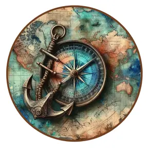 Retro Nautical Anchor & Compass Decorative Wreath Sign - Round Aluminium Maritime Motif Decoration, Hangable Ornament, Assorted Sizes, Wall-Hanging Home & Festive Room Accessory