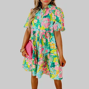 Dear-Lover Women's 2026 SS Chic Elegant Style Green Floral Print Puff-Sleeve Collared Buttoned Babydoll Dress - 100% Polyester, Front Tie-Up, Casual Spring Dress