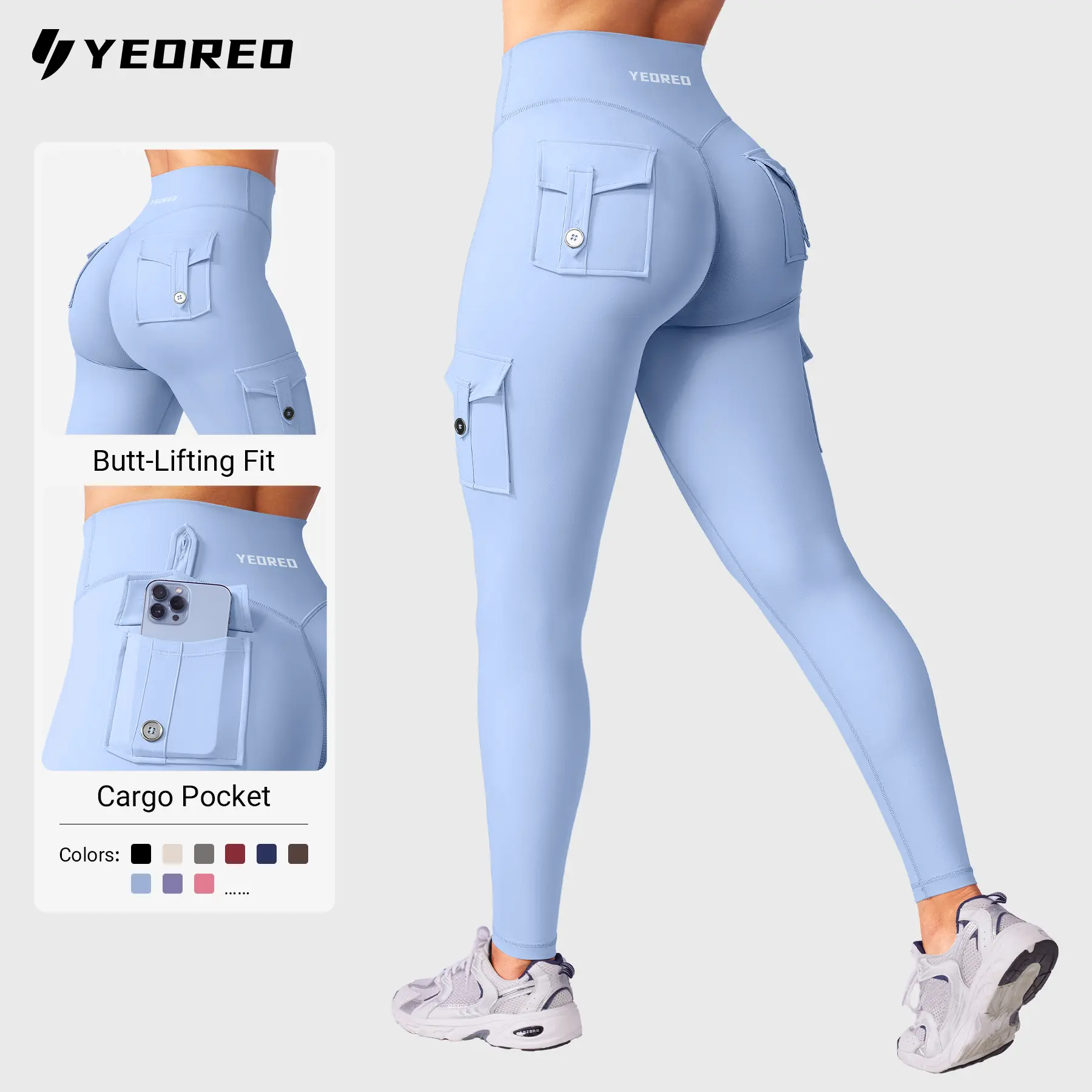 YEOREO CoreFlex Women's High Waisted Contour Cargo Leggings - Hidden Scrunch, Butt Lifting, Pocket-Ready Fit, Fitness Bottoms, Athleisure Yoga Pants for Gym