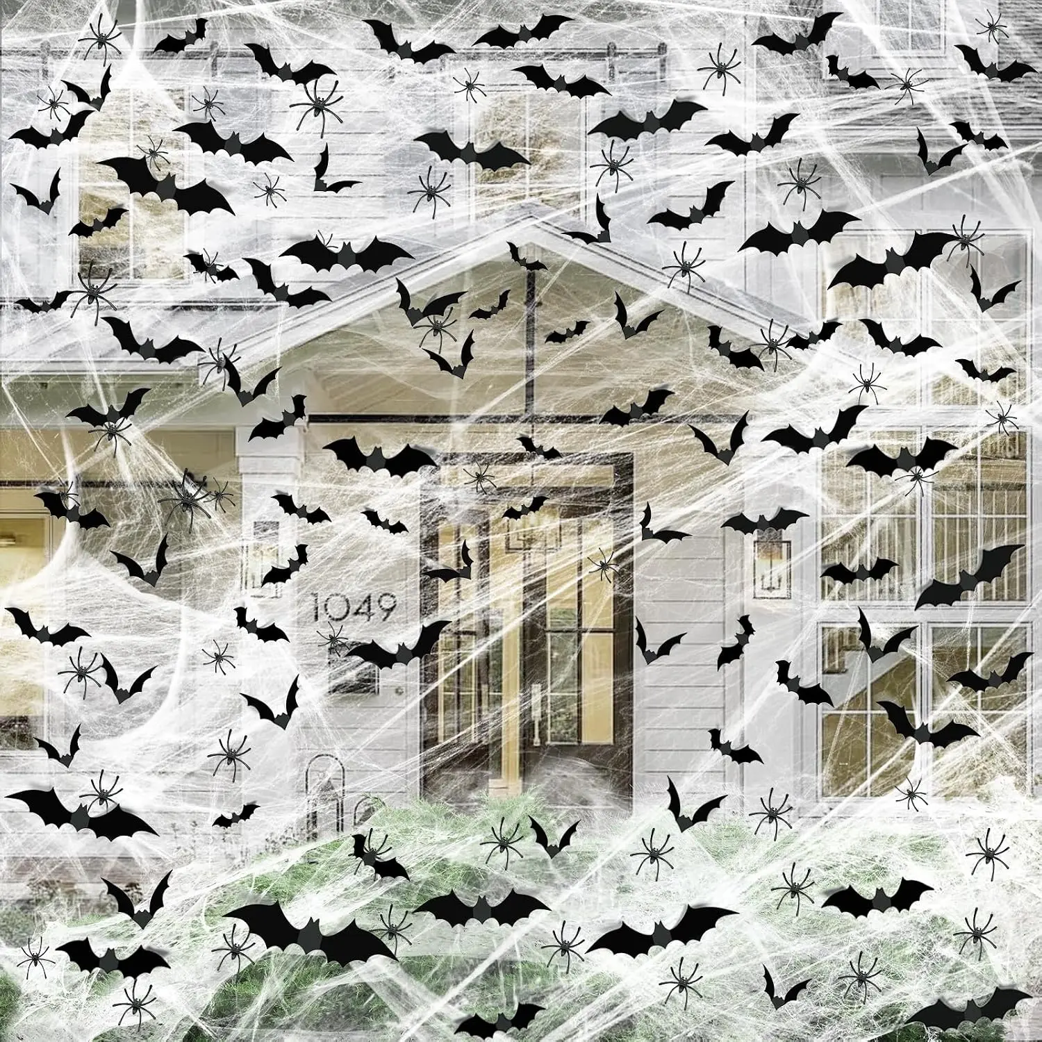 Plastic Spooky Large Halloween Spider Web Decoration Set, 1200 Sq Ft Lightweight Stretch Cobwebs, 120 Fake Bats, 50 Fake Spiders, Easy Setup for Indoor-Outdoor Haunted House Decor