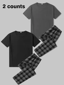 Men's Pocket Plaid Print Pyjama Two-piece Set, Regular Fit Short Sleeve T-shirt & Elastic Waist Trousers, Men's Pajamas Sleepwear Set for All Seasons