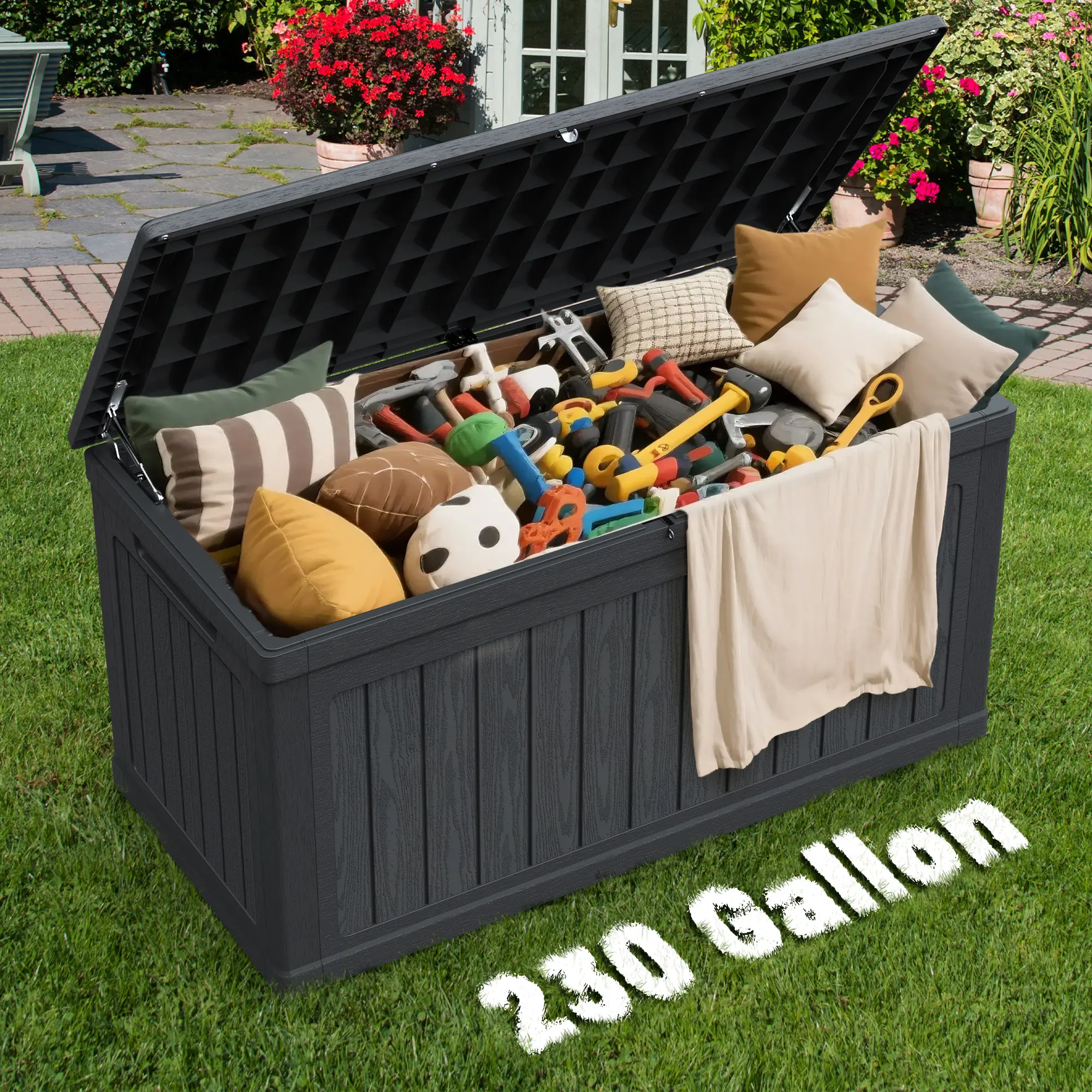 Mersco 230 gal Resin Deck Box, Durable Waterproof Outdoor Storage Bench to Organize Garden, Versatile Patio Outdoor Furniture with Lockable Gas-Lift Lid, Assembly Required, Side Handles, 1000Lbs