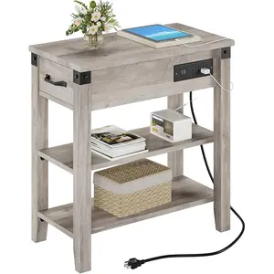 End Table with USB Ports and Outlets, Flip Top Side Table Narrow Bedside Table with Drawer and Storage Shelves for Living Room, Rustic Grey