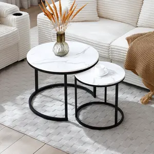 Round Nesting Coffee Table Set of 2, White Marble Look Wooden Tables with Black Metal Frame, Space Saving Side Tables for Living Room Bedroom
