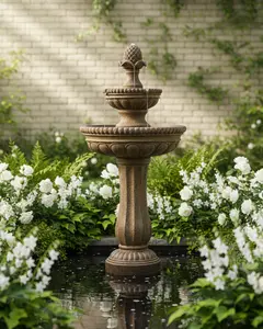 Warrenty Solar Fountain 39" Tall Sandstone 2-Tier Water Feature with Solar Panel & Pump Classic Outdoor Garden Sculpture
