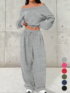 Women's High-Waisted Wide-Leg Pants Set, Sweatshirt, Drawstring Adjustable Design, Fitted Plain Style, Spring & Fall Casual Wear, Daily/fitness/streetswear, Clothes, Womenswear