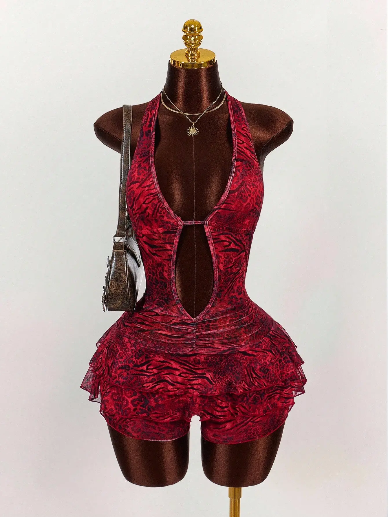 Women's Leopard Print Halter Neck Deep V-Neck Bodysuit Summer Going Out Outfit