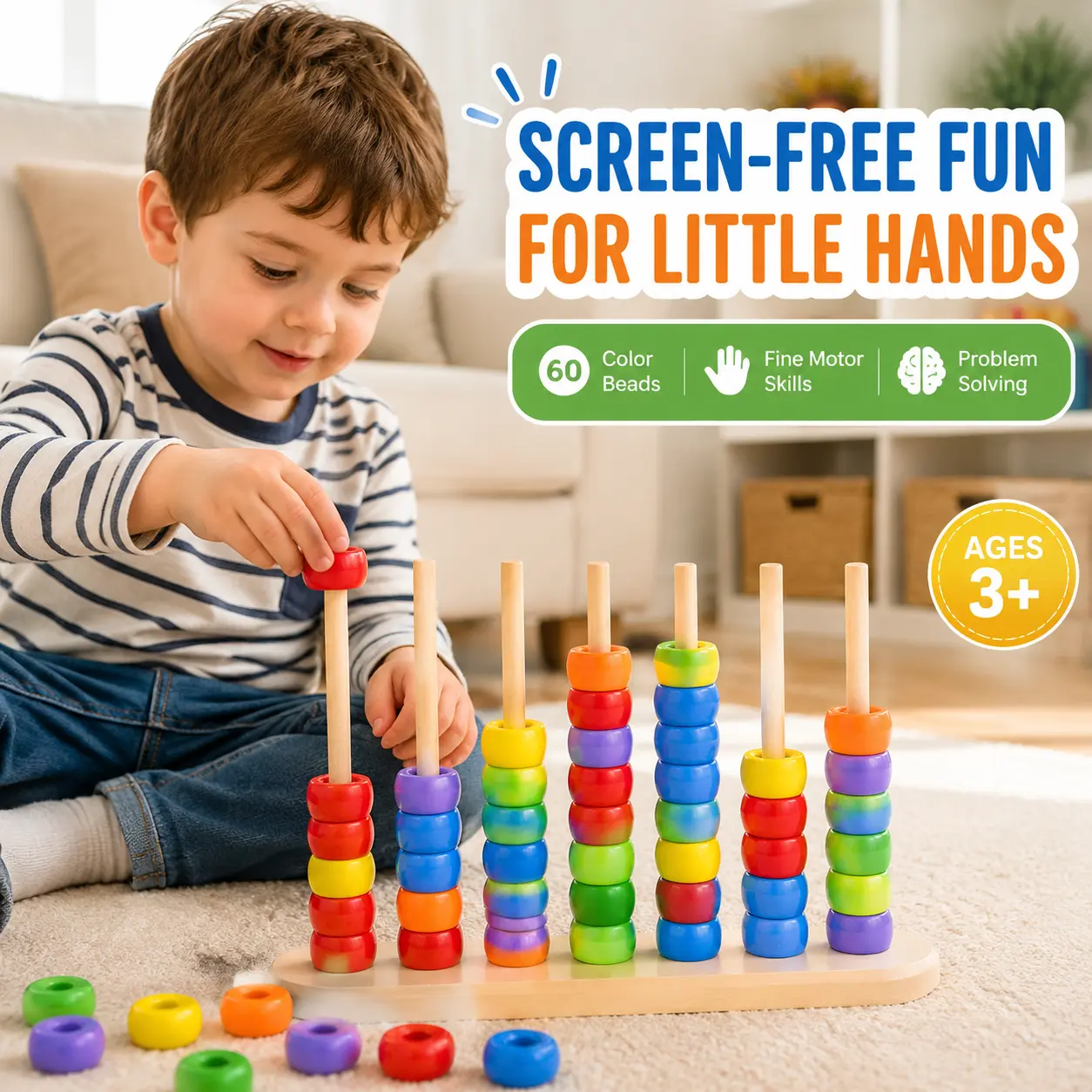 Unisex Montessori Wooden Bead Sorting Toy for Toddlers Ages 3+, Screen-Free Color Matching Game, Fine Motor Skills Learning Activity, Educational Preschool Maths Gift