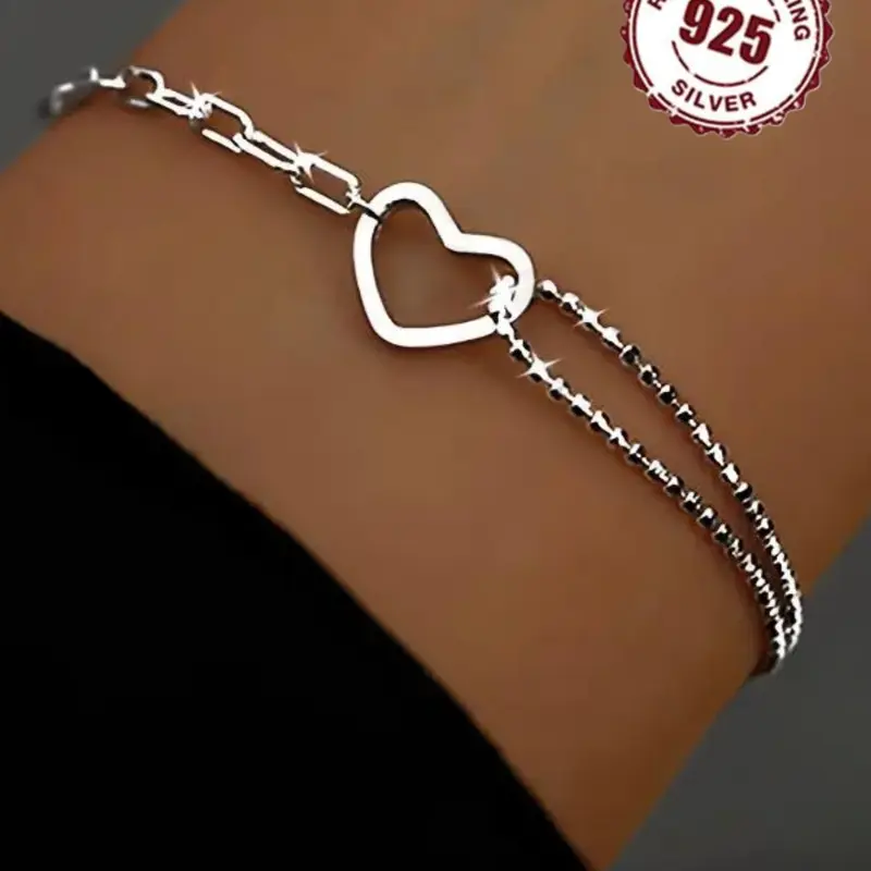 925 Sterling Silver Simple Heart Design Chain Bracelet, Fashionable Jewelry for Women & Girls, Gift for Mom, Mother's Day Couples Gifts, Heart Shaped Bracelet, Fashion Bracelets