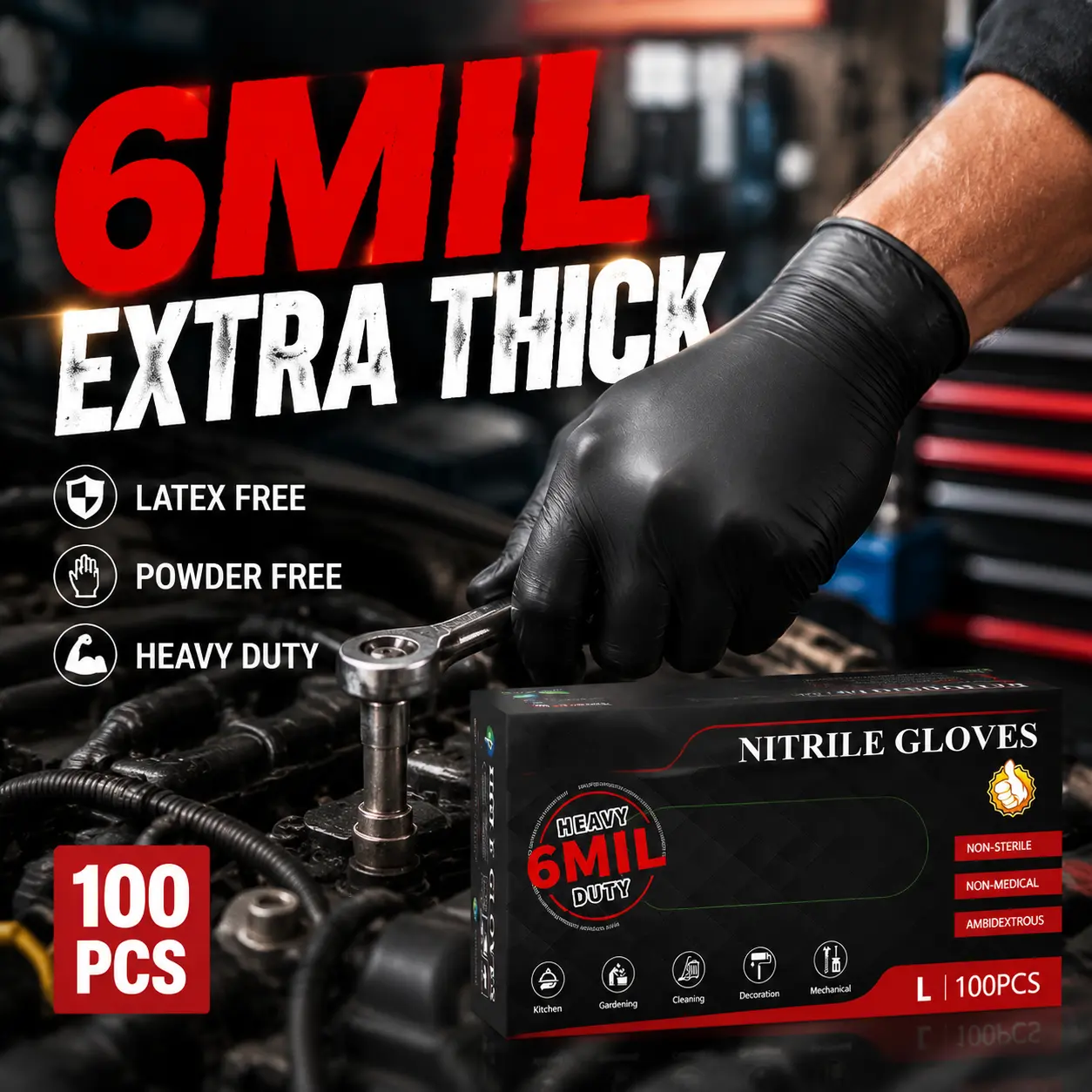 6 Mil Heavy Duty Black Nitrile Gloves, 100 Count Disposable Work Gloves, Latex Free & Powder Free, Durable Grip Gloves for Automotive Repair, Garage, DIY, Cleaning & Workshop Use