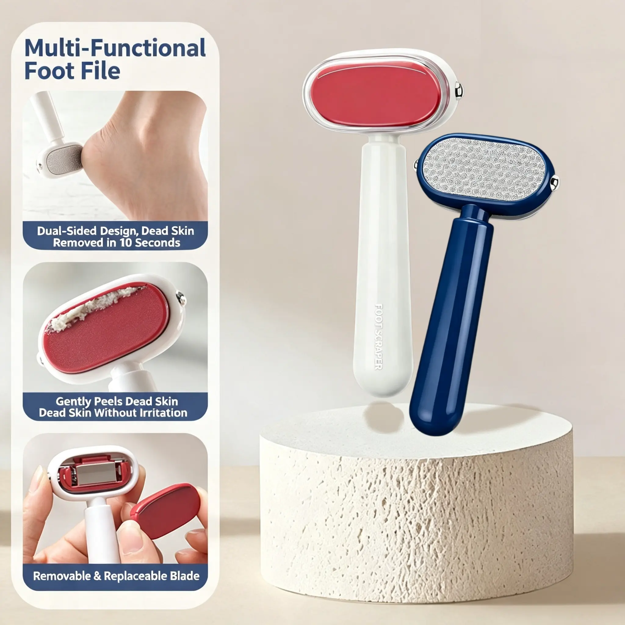 【Back to School】1/2 PCS Dual-Sided Foot Callus Remover with Replaceable Stainless Steel Blade, Portable Manual Dead Skin & Corn Remover, Safe Heel Exfoliator Pedicure Tool for Thick, Hard, Cracked Skin-MM1