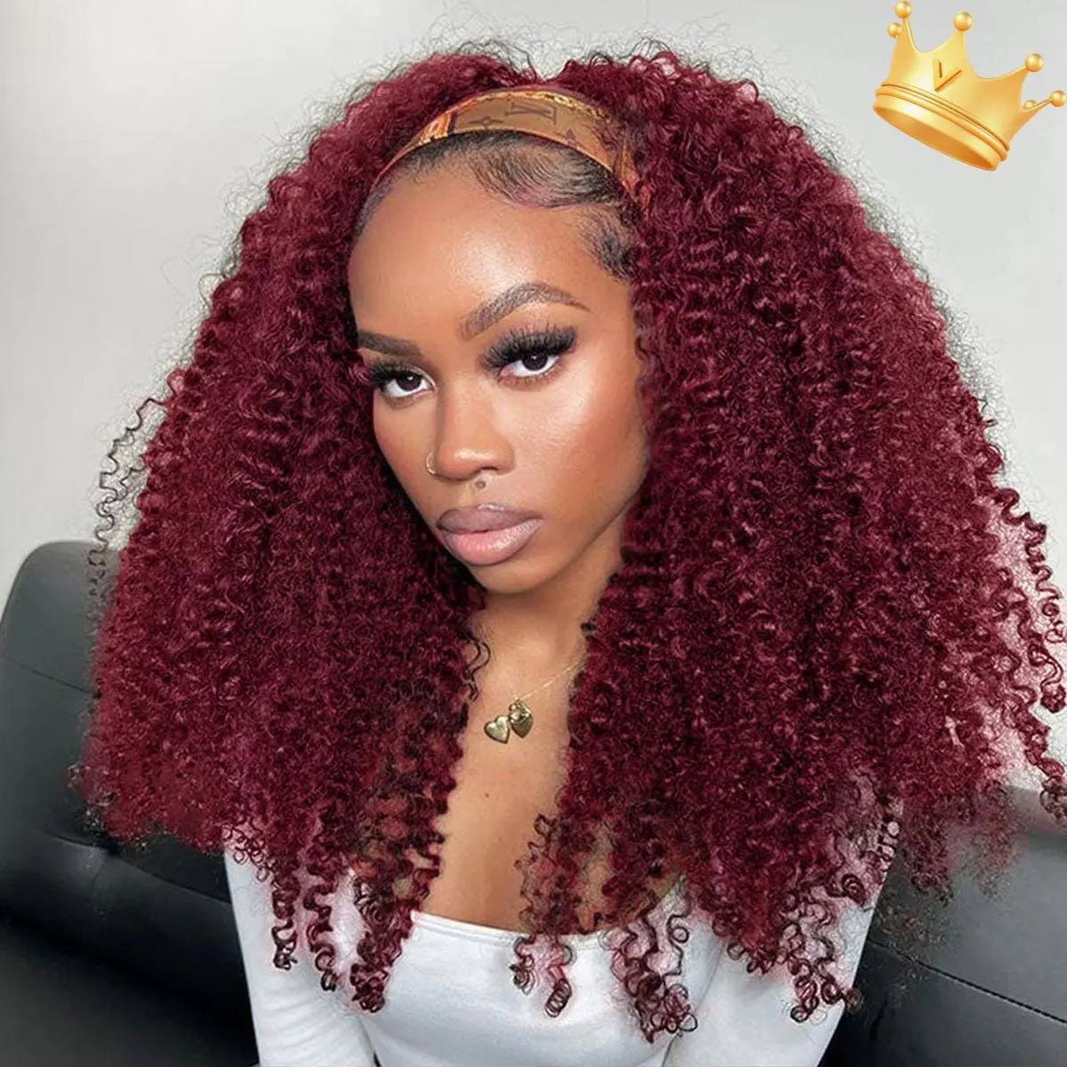 OQHAIR #99J Color Kinky Curly Headband Wig Human Hair Full 250% Density Scarf Wig No Gel No Glue Full Machine Made Wear And Go Wig Luxury Queen Series