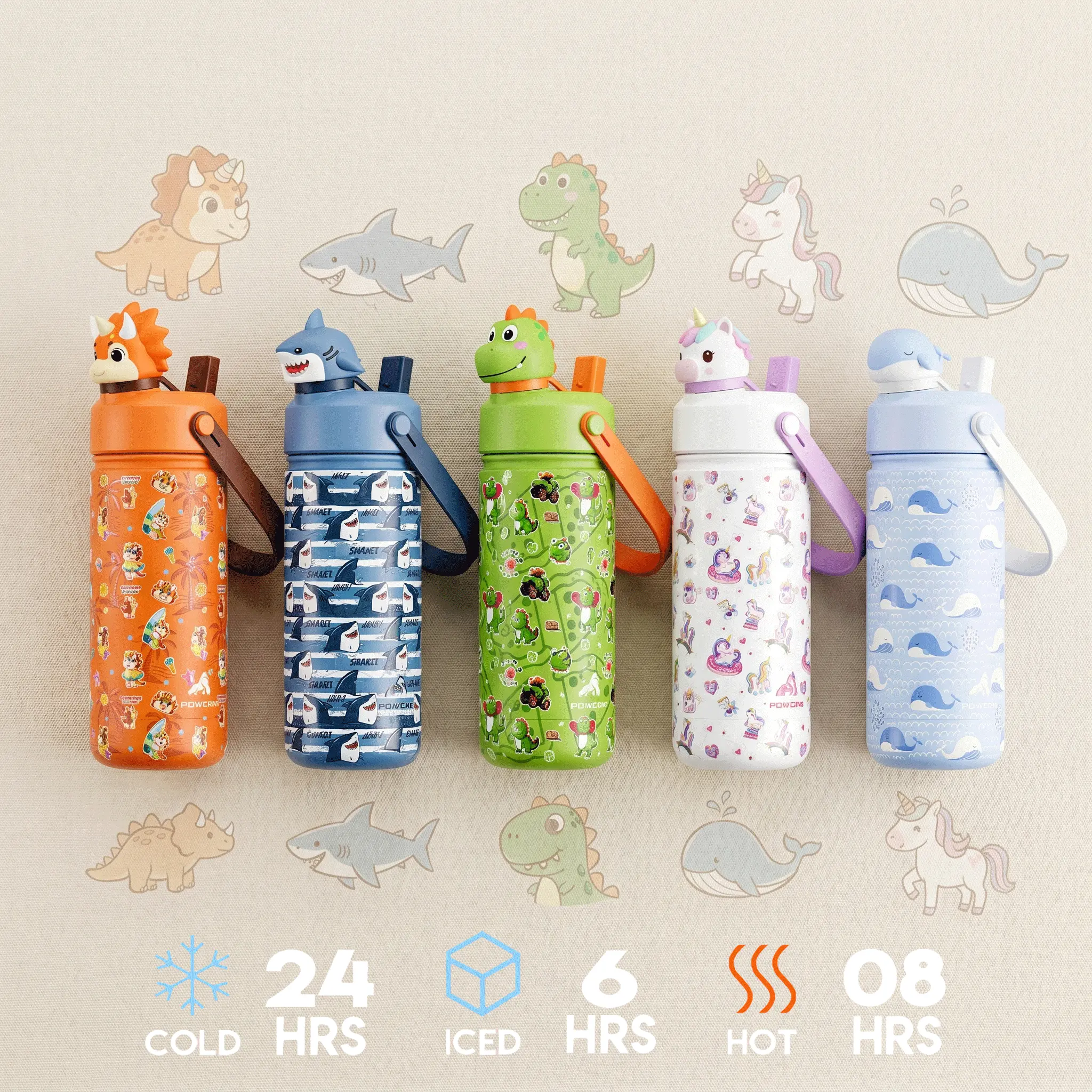 POWCAN Portable Insulated Stainless Steel Water Bottle (12oz/18oz) - Vacuum Flask Drinkware with Cute 3D Character Topper, 2-in-1 Dual Sip Straw & Spout Lid, Leakproof Travel Tumbler for Kids, School Use, Gift Option#TikTokShopSummerSale
