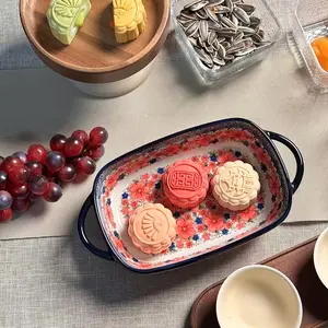 Hand-Painted Floral Ceramic Oven Trays, Baking Dishes, Easy to Clean, Multi-Purpose Bakeware for Roasting Baking Casseroles, Ideal for Daily Meals Family Dinners
