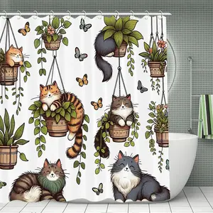 Cat & Plants Pattern Shower Curtain, Cute Cartoon Animal Pattern Bathroom Curtain with 12pcs Hooks, Bathroom Accessories for Home Dormitory Hotel Decor, Bathroom Decoration Accessories