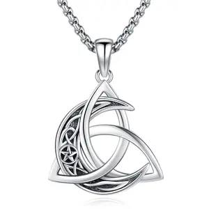 Celtic Knot & Crescent 925 Sterling Silver Cresent Pendant Necklace, Vintage Viking Witch Celtic Knot Pendant Neckalce, Triquetra Pendant, Good Luck Crescent Irish Necklace, Protection Amulet Jewelry Gift for Women Men,