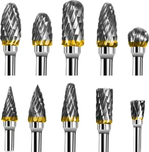 Carbide Rotary Burr Set -  10 count Double Cut Carving Burr Bits Tungsten Carbide 1/8" Shank 1/4" Grinding  for DIY Carving Metal Polishing Engraving Drilling