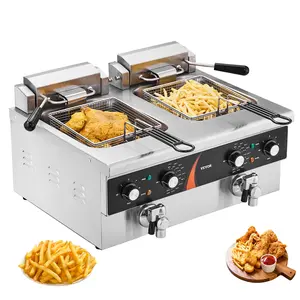 VEVOR Commercial Deep Fryer,  Dual Tank 3500W Electric Countertop Fryer, 2 x 9Qt / 8.5L Double Oil Fryer with 2 Baskets, 1mm Thickened Stainless Steel, Time & Temp Control, for Kitchen Restaurant Use