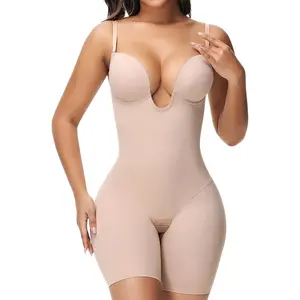 Backless Shapewear Strapless Deep U Plunge Bodysuit for Women Tummy Control Built In Bra Low Back Women's Shaping Bodysuit Mid-Thigh Seamless V-Neck Thigh Slimmer Girdles