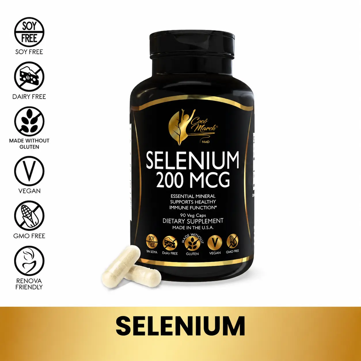 Cocó March N.M.D Selenium 200 MCG Mineral Supplement for Adults - 90 Capsules per Container, Antioxidant Support for Thyroid Function & Immune Health