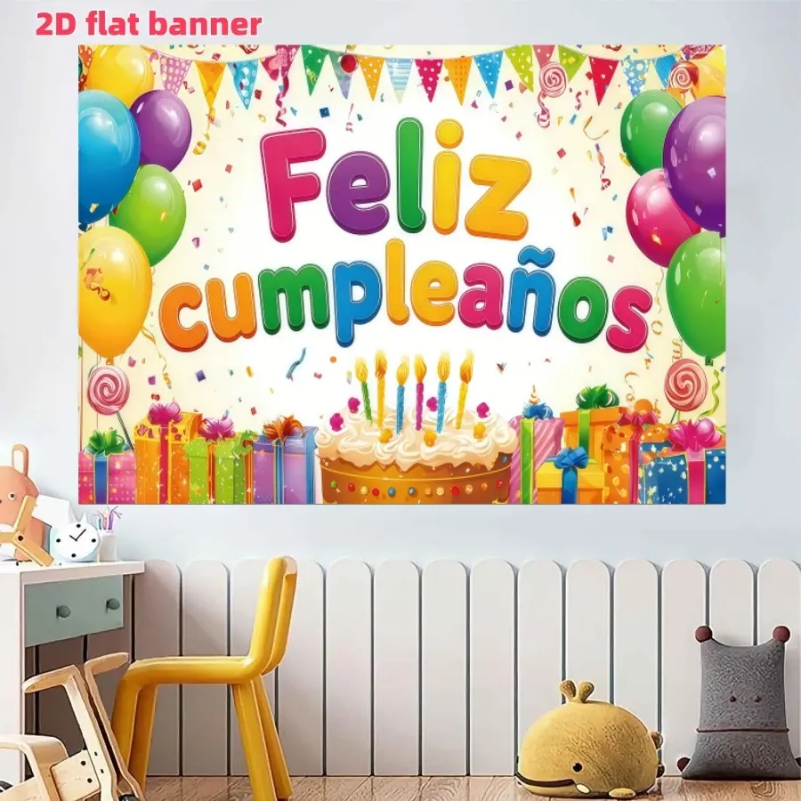 Spanish Feliz cumplea ñ os birthday party background banner, Party Decorations Banners, illustrated grid birthday banner, polyester material, birthday party decoration, holiday party supplies, photography background cloth