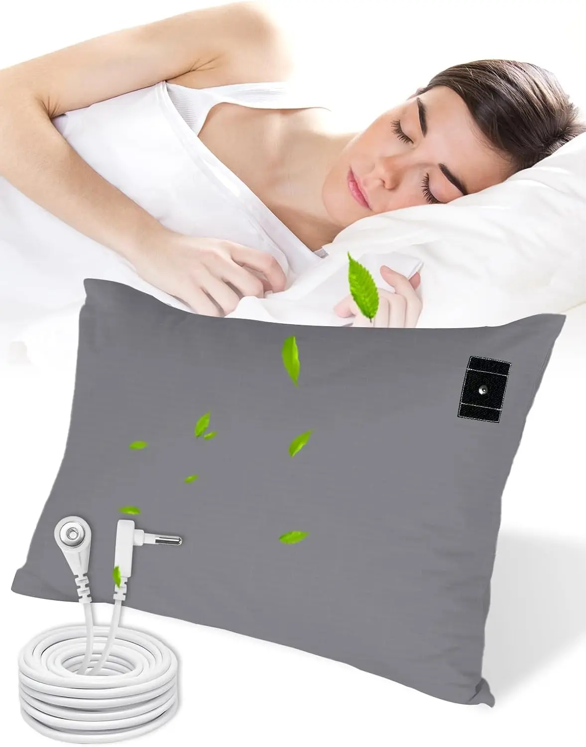 Grounding Pillowcase, 90% Organic Cotton and 10% Silver Fiber Grounding Pillow Case with 15ft Grounding Cord, Gray Sleep Pillow 20x30 inch for Improve Sleep Improving Energy
