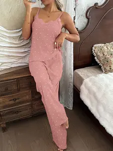 Women's Pajama Set Pyjamas, Heart Pattern Slim-Fitting Sexy Sleepwear Loungewear, Lace Trim Tank Top and Long Pants, Luxury Home Pjs