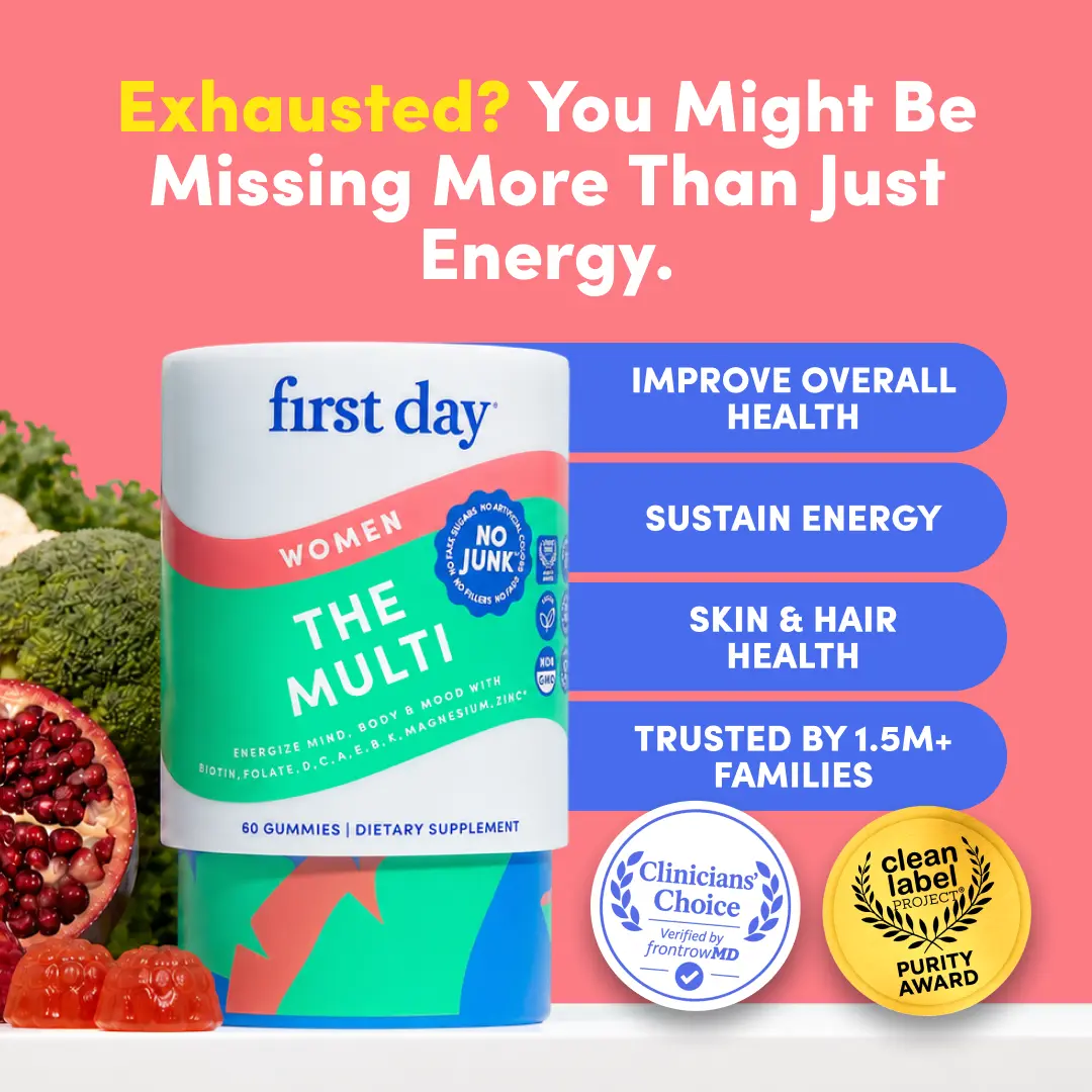 First Day Women's Multivitamin Gummies 18+, Natural Orange Flavor — 21 Organic Superfoods, 13 Key Nutrients, Vitamin C D3 B12 Magnesium Biotin — Immunity, Energy, Skin & Hair Health, Fight Fatigue — 30-Day Supply, Vegan, Non-GMO, No Junk